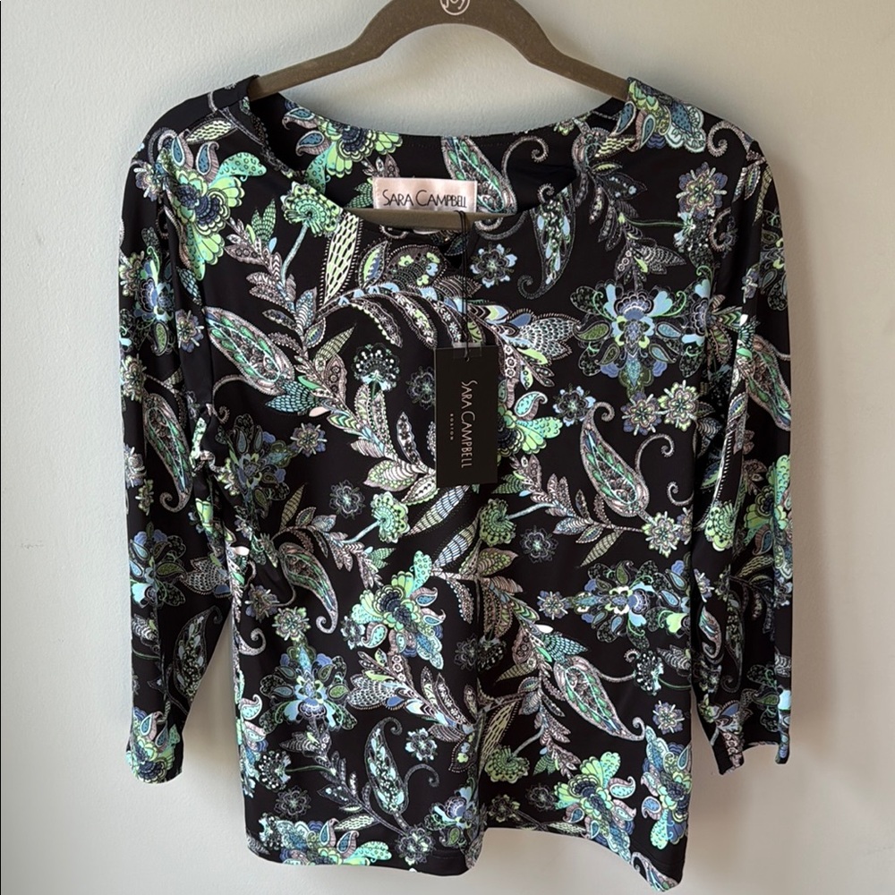 Sara Campbell Green and Blue Graphic 3/4 Sleeve Blouse